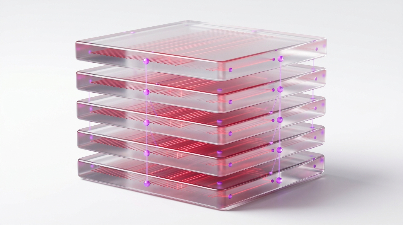 Abstract 3D render of a translucent stacked ledger with glowing crimson hash lines running through it and orchid nodes linking the layers, white background, minimal studio lighting