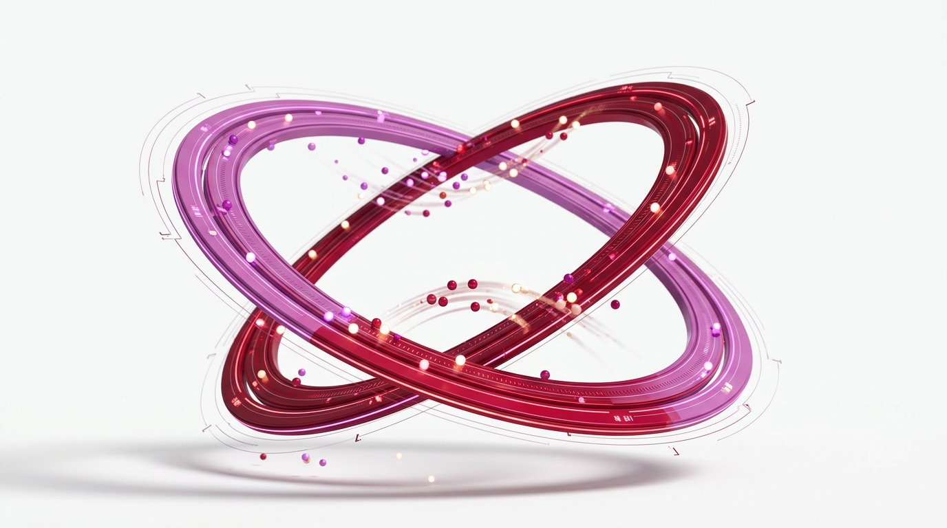 Abstract 3D render of two orbiting rings in orchid and crimson exchanging small glowing spheres along their path, white background, clean technical render, soft shadows
