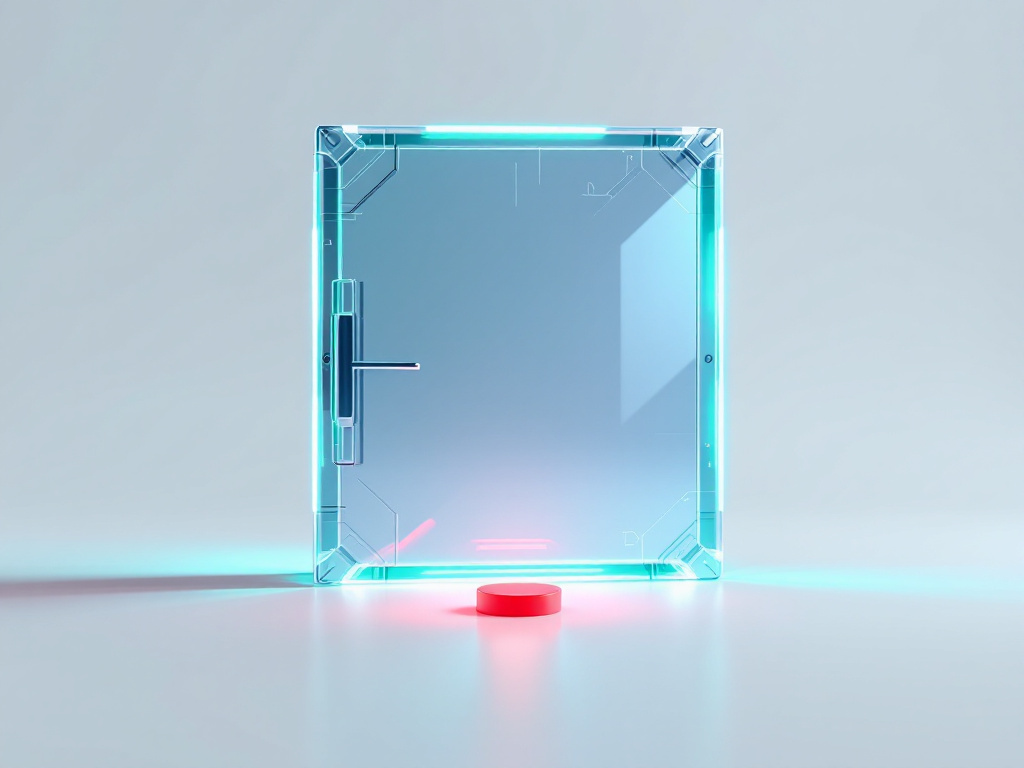 Abstract 3D render of a glass vault door with a mint green scanning beam reading a small crimson proof token in front of it, white background, minimal studio lighting