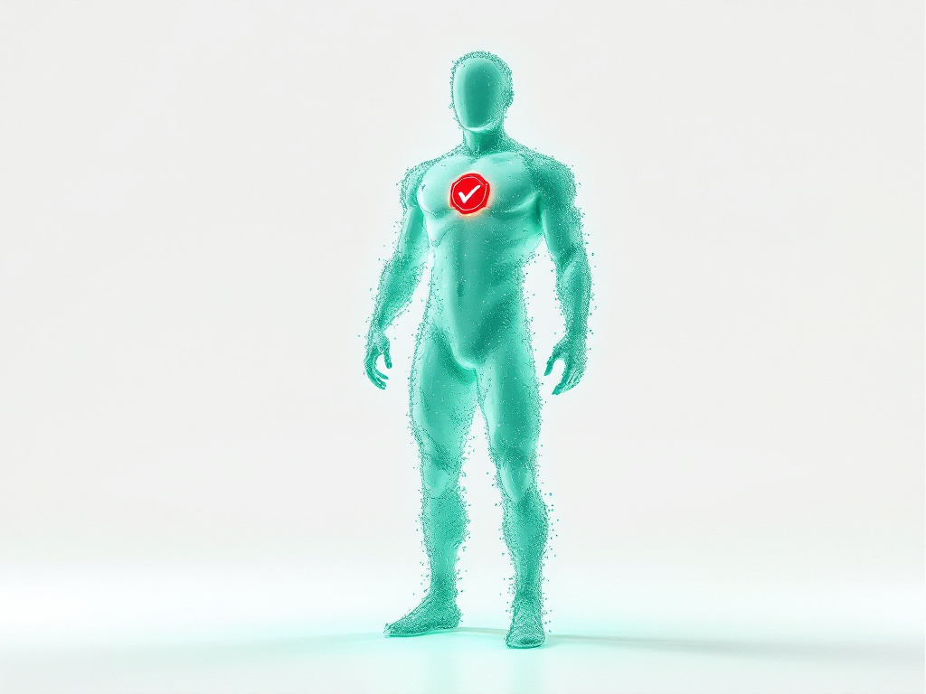Abstract 3D render of a translucent human silhouette built from mint green particles, with a single crimson verification badge above its chest, soft studio lighting